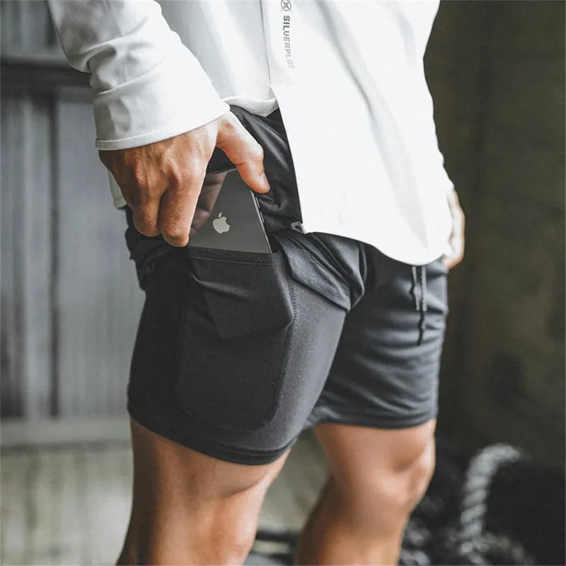 Shorts Masculino 2 em 1 com Bolsos para Celular - Ideal para Corrida, Treinos e Praia