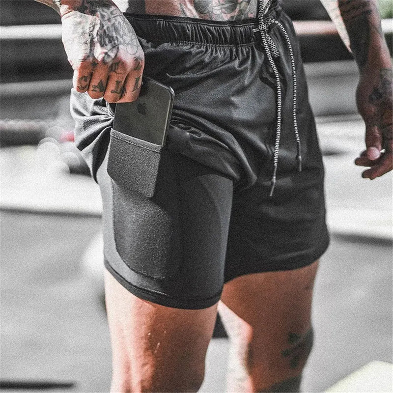 Shorts Masculino 2 em 1 com Bolsos para Celular - Ideal para Corrida, Treinos e Praia